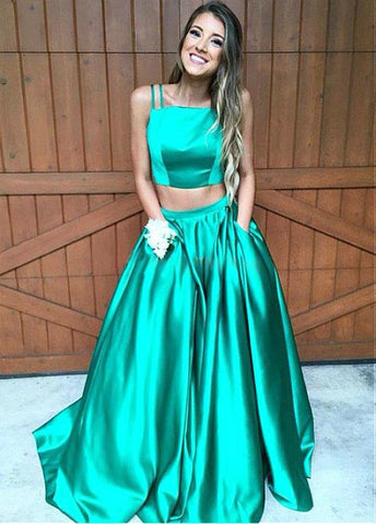 Green Spaghetti Straps Two-piece A-Line Prom Dresses