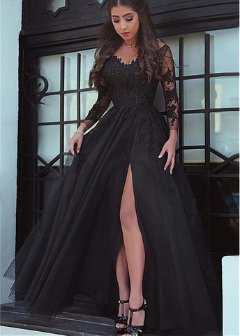 Tulle Off-the-shoulder Neckline Long Sleeves A-line Evening Dress With Lace Appliques