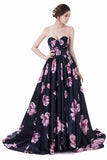 Satin Sleeveless Print Black Prom Dress