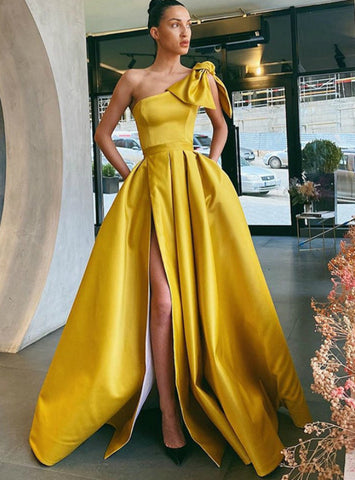 Yellow Satin One Shoulder A-Line Prom Dress With Pocket
