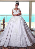 Beading Tulle & Satin Scoop 3D Flowers Ball Gown Wedding Dress