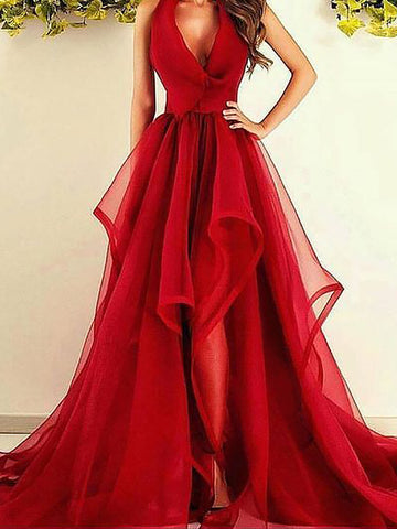 Red Asymmetrical Ruffles Organza Prom Dresses