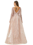 Champagne Long Sleeves Tulle Beading Detachable Train Formal Prom Dress