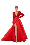 Red Long Sleeves Sequin & Satin A Line Sexy Prom Formal Dress