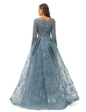Blue Long Sleeves Scoop Lace A Line Detachable Train Prom Formal Dress