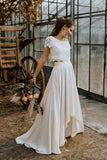 Short Sleeve Two Piece Lace High Low Wedding Dress