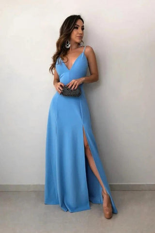 Blue Spandex Floor Length Spaghetti Straps Prom Dress With Slit