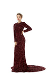 Burgundy Long Sleeves Scoop Trumpet Mermaid Sparkle Sequin Prom Dress