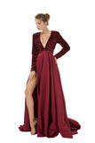 Burgundy Long Sleeves Sequin & Satin A Line Sexy Prom Formal Dress