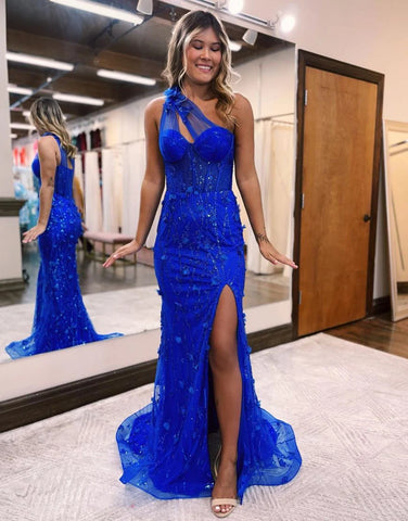 Mermaid Blue Tulle One Shoulder Prom Dress With Split