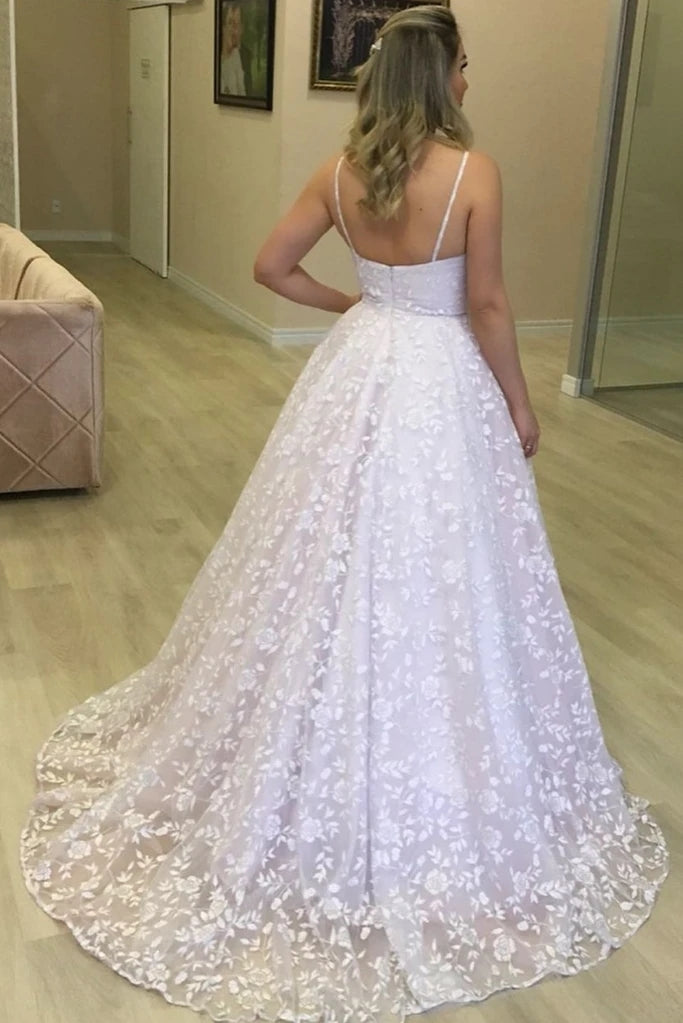 2021 Rose Appliques Tulle A Line Sexy Spaghetti Strap Wedding Dress ...