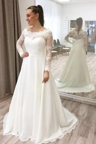 Lace Long Sleeve A Line Sheer Back Off The Shoulder Satin Wedding Dress