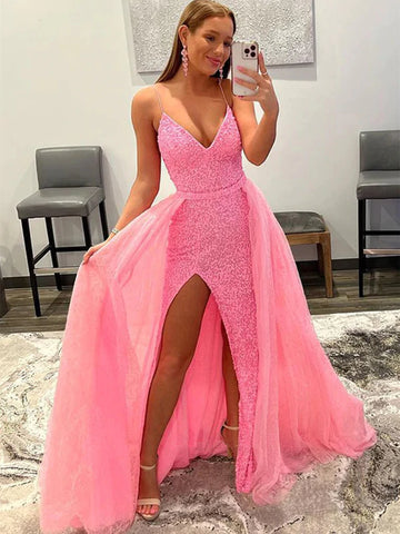 Pink V Neck Detachable Sexy Mermaid Sequin Prom Dress