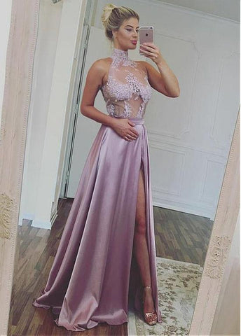  Satin High Collar Neckline A-line Prom Dress With Beaded Lace Appliques