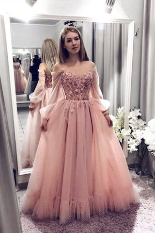 Tulle Lace Long Sleeves Pink Sweetheart Flower Prom Dress