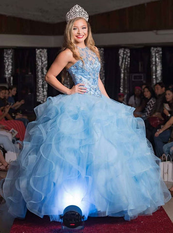 Ball Gown Jewel Blue Tulle Quinceanera Dress with Beading