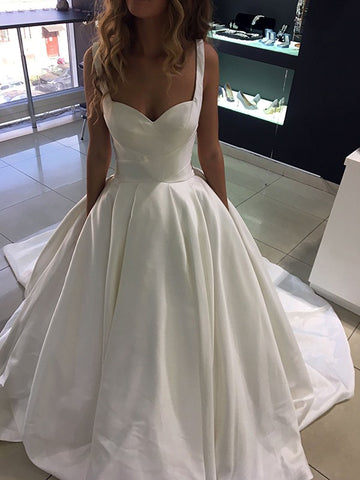 Ball Gown Satin Straps Ruched Wedding Dress With Pockets
