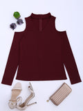 Burgundy Cold Shoulder Cut Out Ribbed Knitted Tee
