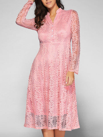  Pink Leaf Pattern Lace Dress