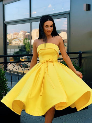 A Line Strapless Short Pink Yellow Homecoming Dress