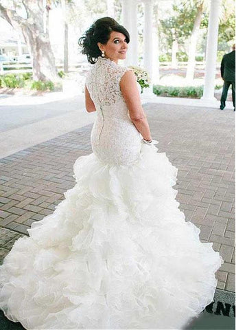 Exquisite Tulle & Organza Queen Anne Neckline Mermaid Wedding Dresses With Lace Appiques & Ruffles