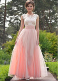  Tulle Jewel Pink Belt Appliques Floor-length A-line Prom Dress