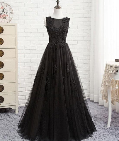 Black Round Neck Tulle Lace Long Prom Dress