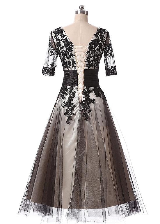 Elegant Tulle Scoop Neckline A-Line Tea-length Prom Dresses With Lace ...