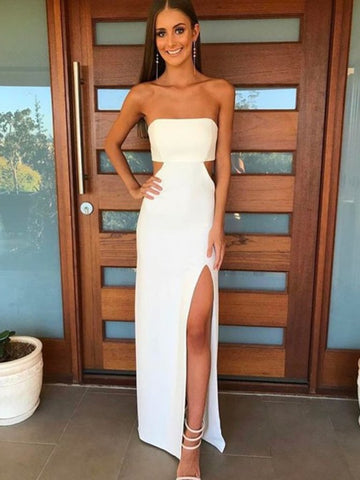 Strapless Waist Cutout White Long Prom Dresses with Slit