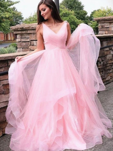 Sexy Tulle A Line V Neck Pink Long Prom Dress