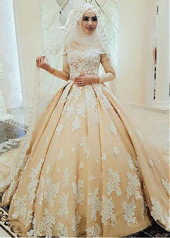 Tulle High Collar Ball Gown Arabic Islamic Wedding Dress With Beaded Lace Appliques