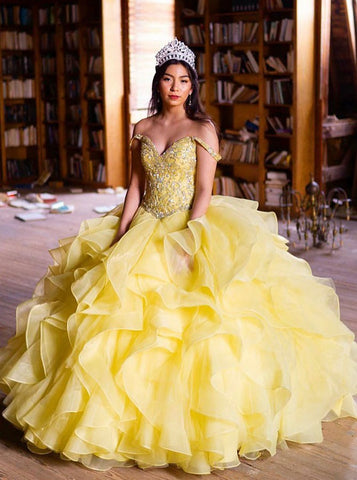 Ball Gown Off-the-Shoulder Yellow Tulle Quinceanera Dress with Beading