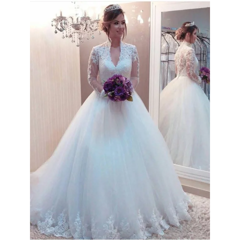 Ball Gown Tulle Applique High Neck Long Sleeves Wedding Dress