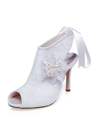 Amazing Satin Upper Peep Toe Stiletto Heels Wedding Shoes With Pearls