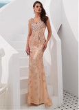 Tulle V-neck Sequin Gold Mermaid Evening Dress