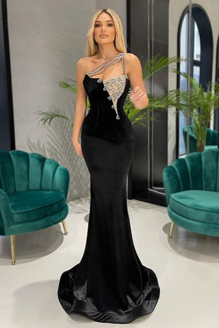 Sexy Black One Shoulder Mermaid  Crystal Prom Dress