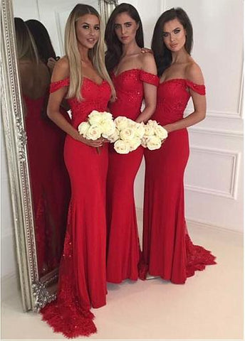  Off-the-shoulder Neckline Sheath/Column Bridesmaid Dresses With Beaded Lace Appliques