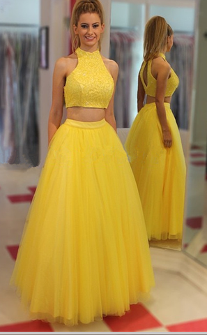 Yellow Tulle Two Piece Long Prom Dresses