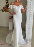  Mermaid Chiffon See Through Neck White Wedding Dress With Sash