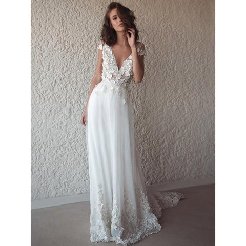 A-Line Tulle Applique V-neck Sleeveless Flowers Wedding Dress