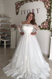 Lace Belt A-line Appliques Off The Shoulder Long Sleeve Wedding Dress