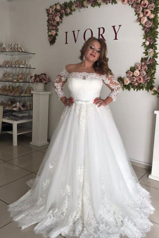 Lace Belt A-line Appliques Off The Shoulder Long Sleeve Wedding Dress