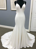 Satin V-neck Backless Button Bowknot White Mermaid Wedding Dress