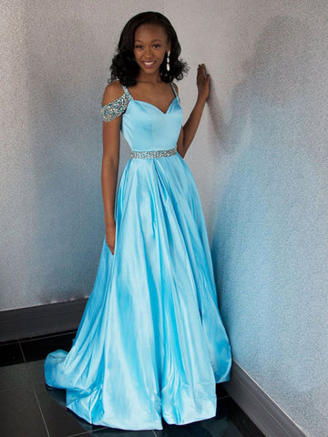 A-Line Sweetheart Blue Beading Satin Prom Dress