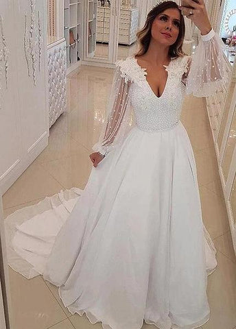Long Sleeves Chiffon V-neck 3D Lace Appliques A-line Wedding Dress