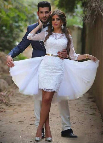 Tulle Bateau Neckline 2 In 1 Short Wedding Dress With Lace Appliques & Decorative Belt