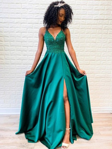 A Line V Neck Backless Lace Green Prom Dresses with Split