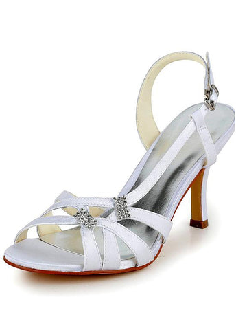 Pretty Satin Upper Open Toe Stiletto Heels Bridal Shoes With Rhinestones