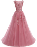 Floral Pink Tulle Long Prom Dress