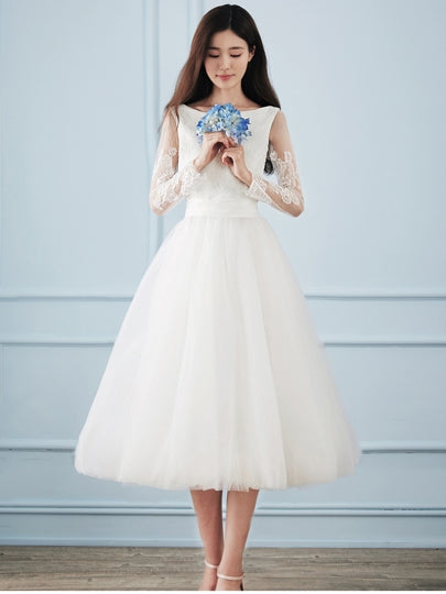 Appliques Long Sleeve Tea-Length Wedding Dress – Sassymyprom